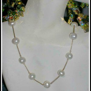 PETER BRAMS 14k SOLID Gold FW 7-7.5mm WHITE PEARL STATION 18" NECKLACE 19.4 g